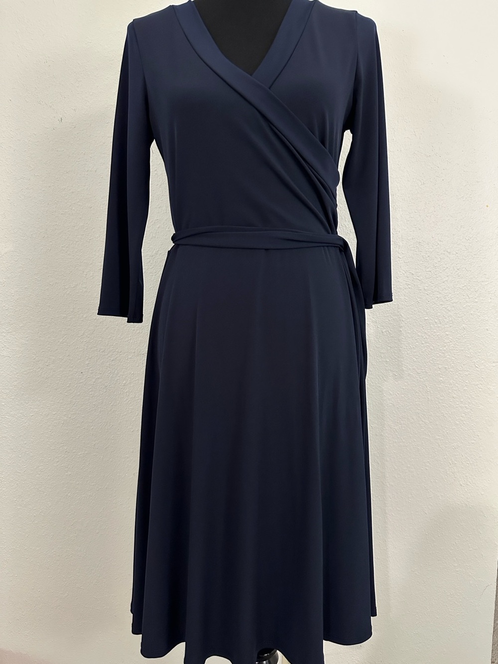 Janette Fashion Navy Blue Faux Wrap A-Line Dress Size L